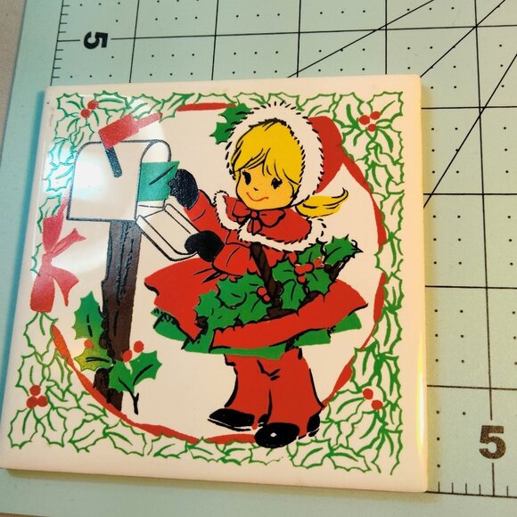 Christmas Ceramic Tile Little Girl Sending Holiday Mail Vintage Jasco - Picture 3 of 3